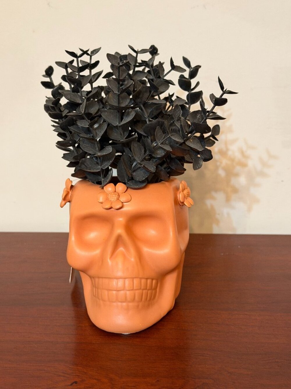 Halloween Orange Skull Planter Faux Black Eucalyptus Plant 8" Floral Decor